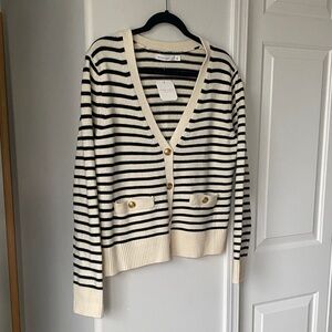 Altar’D State - Cream & Black Striped V-Neck Button Knit Cardigan Sweater